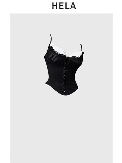 HELA fat mm high-end waist suspender top female autumn 2023 large size hot girl lace splicing hip skirt suit