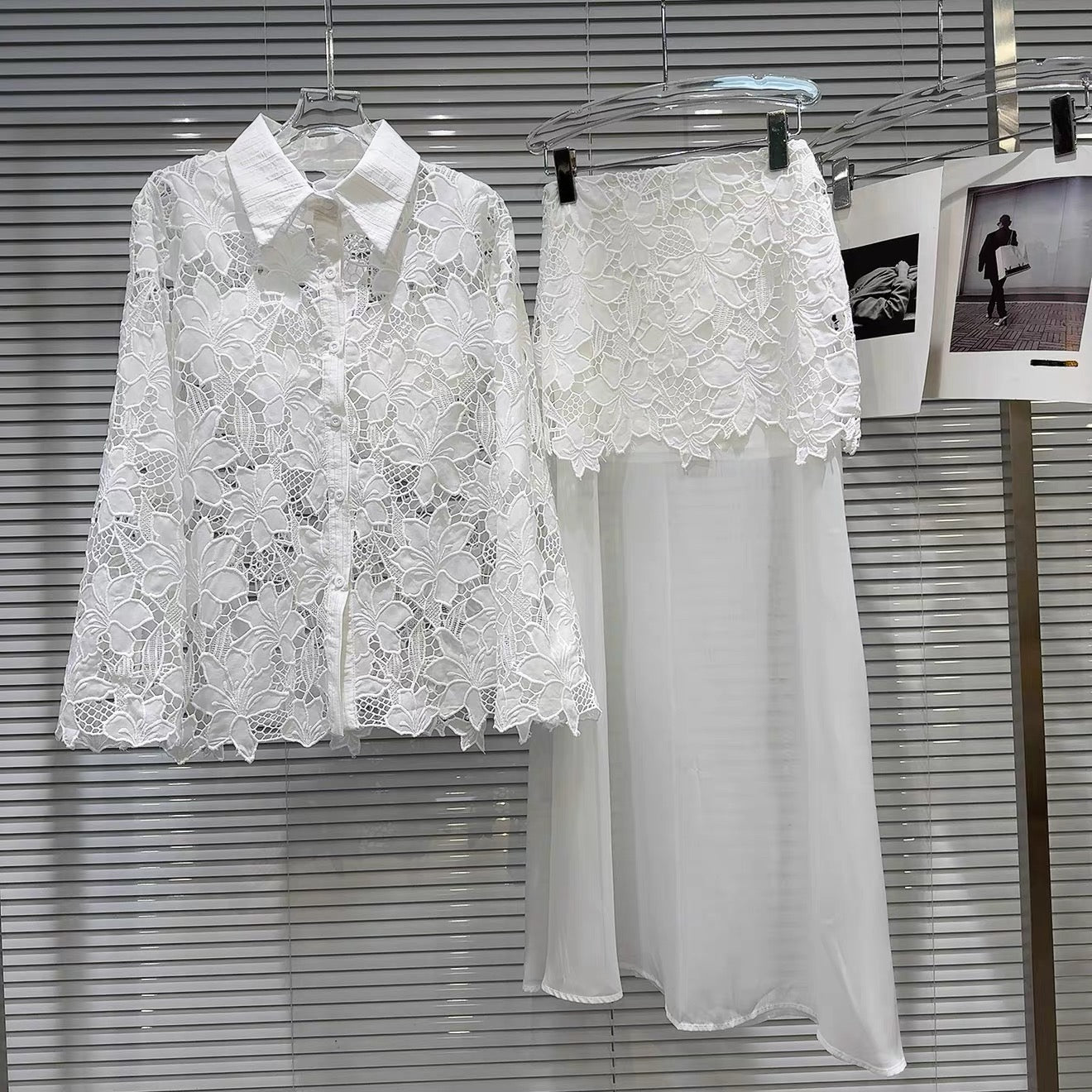 Popular online style 2026 Spring New French Lace Shirt + Camisole + Mesh Skirt Three-Piece Set