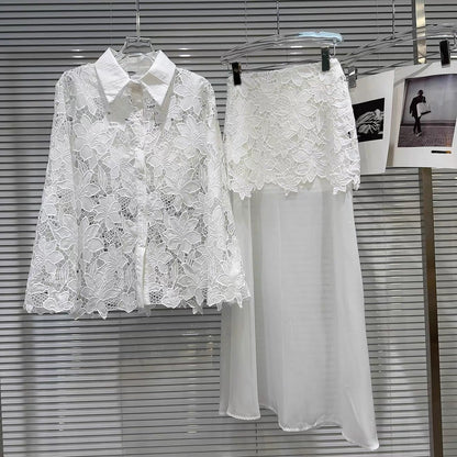 Popular online style 2026 Spring New French Lace Shirt + Camisole + Mesh Skirt Three-Piece Set