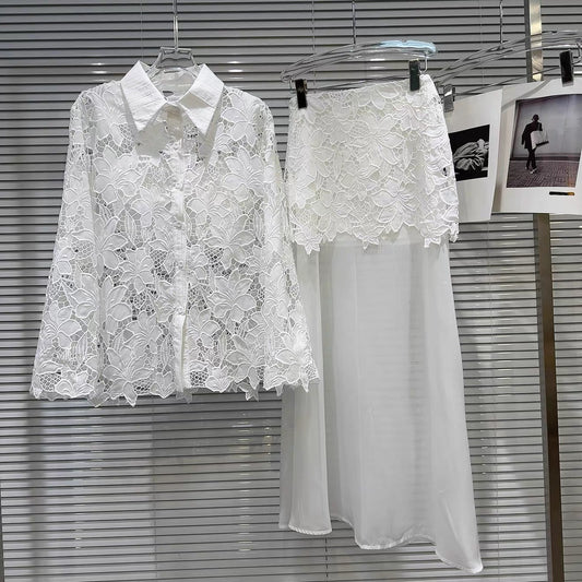 Popular online style 2026 Spring New French Lace Shirt + Camisole + Mesh Skirt Three-Piece Set