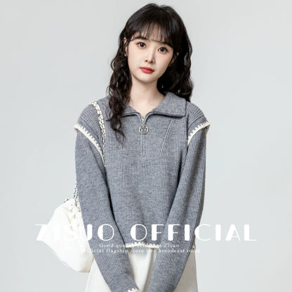 Black half-zip lapel sweater women's 2025 autumn and winter new contrast color stitching POLO collar sweater short top