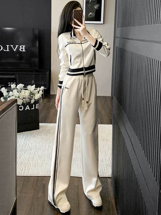 High-end European casual sports suit for women in autumn and winter, fashionable velvet cardigan, sweatshirt, small jacket, straight pants two-piece set