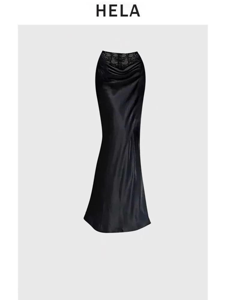 HELA fat mm high-end waist suspender top female autumn 2023 large size hot girl lace splicing hip skirt suit