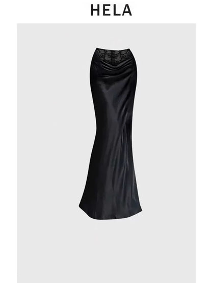 HELA fat mm high-end waist suspender top female autumn 2023 large size hot girl lace splicing hip skirt suit
