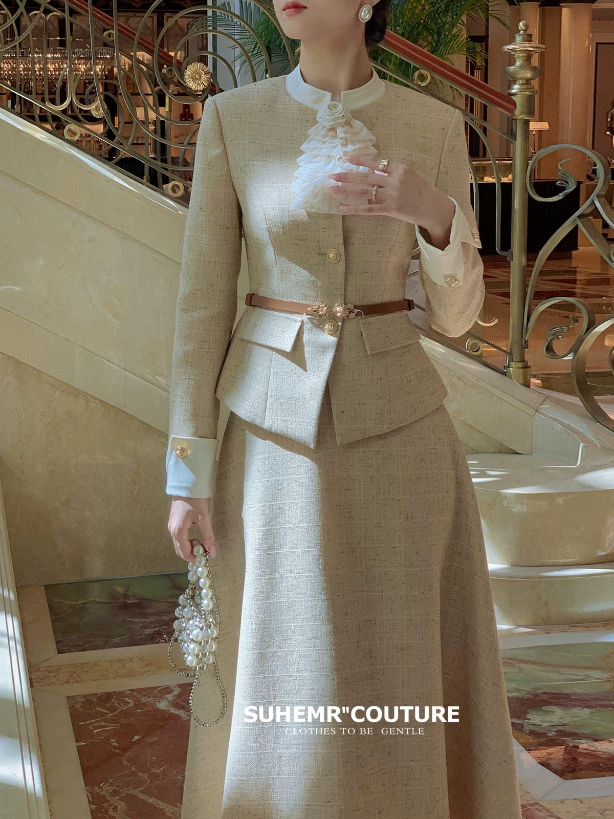 SUHEMR Suha [Oatmeal-colored Autumn] Xiaoxiangfeng Waist Jacket 2023 Winter A-Line Swing Skirt Suit