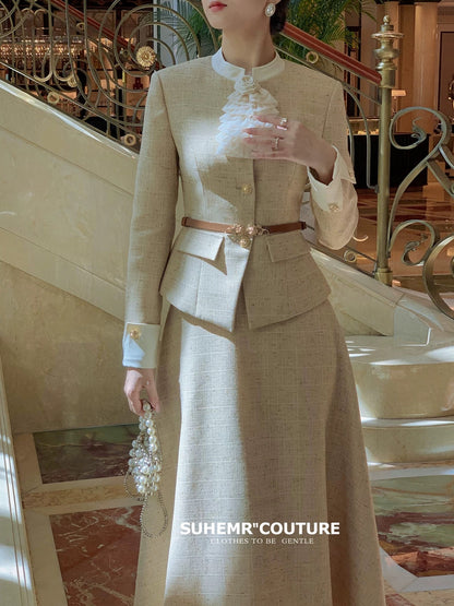 SUHEMR Suha [Oatmeal-colored Autumn] Xiaoxiangfeng Waist Jacket 2023 Winter A-Line Swing Skirt Suit
