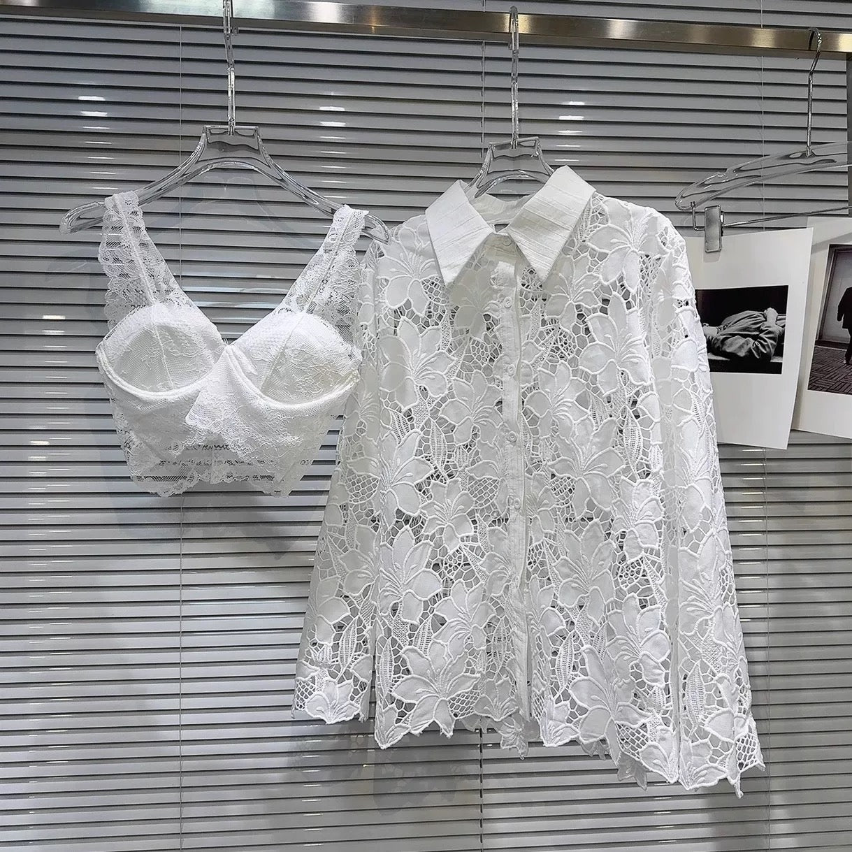 Popular online style 2026 Spring New French Lace Shirt + Camisole + Mesh Skirt Three-Piece Set