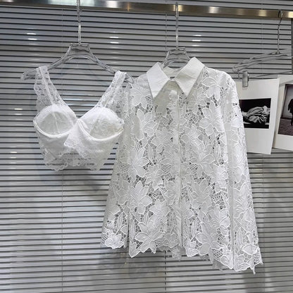 Popular online style 2026 Spring New French Lace Shirt + Camisole + Mesh Skirt Three-Piece Set