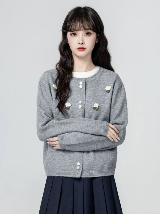 Gray sweater jacket women spring and autumn 2025 autumn new design loose flower knitted cardigan short top