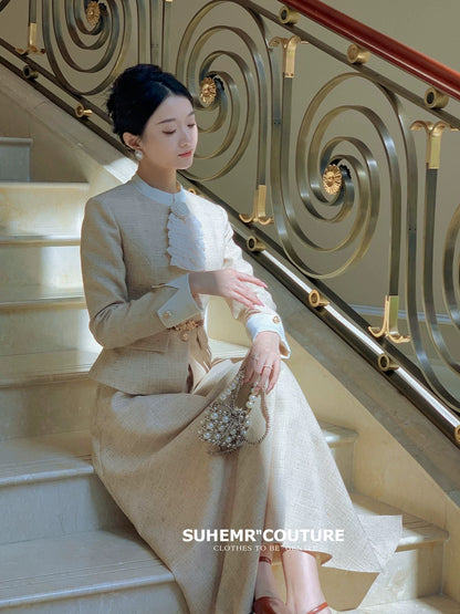 SUHEMR Suha [Oatmeal-colored Autumn] Xiaoxiangfeng Waist Jacket 2023 Winter A-Line Swing Skirt Suit