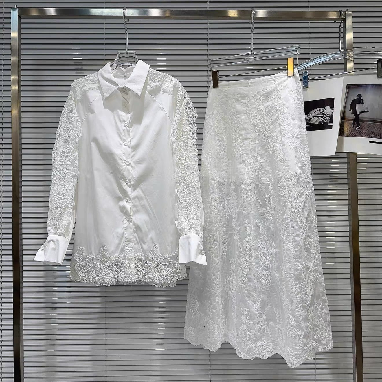 Popular online style, 2026 Spring New Arrival: Sweet and Elegant Lace Crochet Shirt + Organza Long Skirt Set
