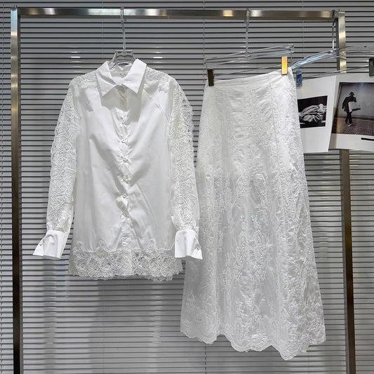 Popular online style, 2026 Spring New Arrival: Sweet and Elegant Lace Crochet Shirt + Organza Long Skirt Set