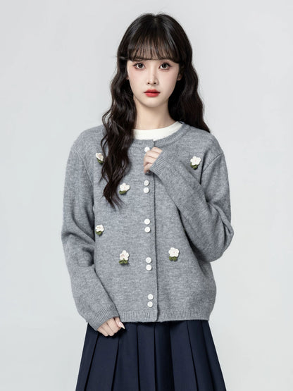 Gray sweater jacket women spring and autumn 2025 autumn new design loose flower knitted cardigan short top