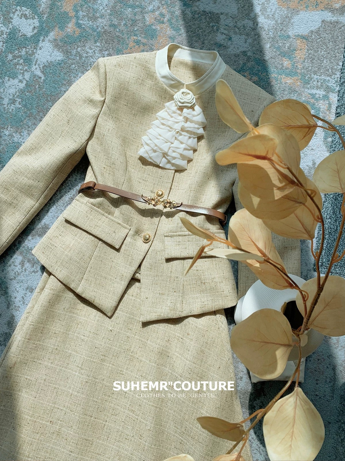 SUHEMR Suha [Oatmeal-colored Autumn] Xiaoxiangfeng Waist Jacket 2023 Winter A-Line Swing Skirt Suit