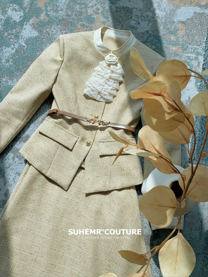 SUHEMR Suha [Oatmeal-colored Autumn] Xiaoxiangfeng Waist Jacket 2023 Winter A-Line Swing Skirt Suit