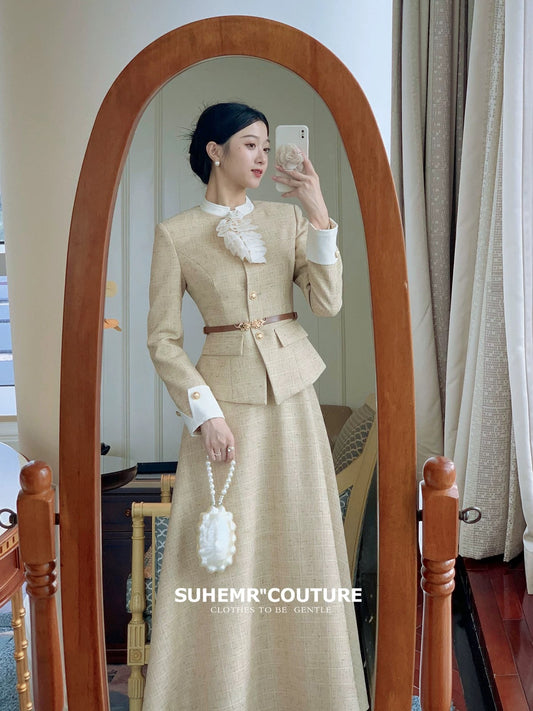 SUHEMR Suha [Oatmeal-colored Autumn] Xiaoxiangfeng Waist Jacket 2023 Winter A-Line Swing Skirt Suit