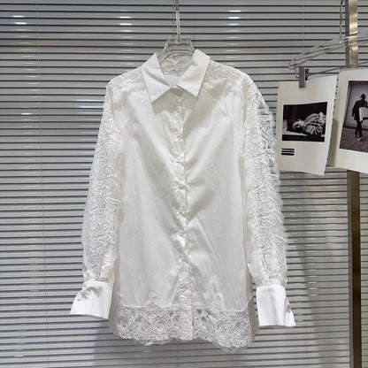 Popular online style, 2026 Spring New Arrival: Sweet and Elegant Lace Crochet Shirt + Organza Long Skirt Set