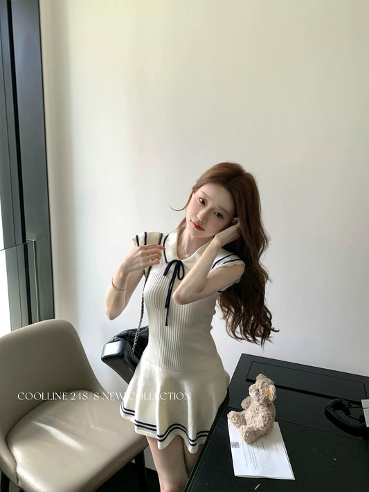 COOLLINE Lin Zixi Love Summer Confession College navy style small flying sleeves soft waxy knitted lace-up dress for women