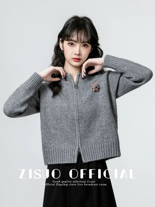 Gray double zipper sweater jacket for women spring and autumn 2025 new style versatile bear round neck knitted cardigan short top