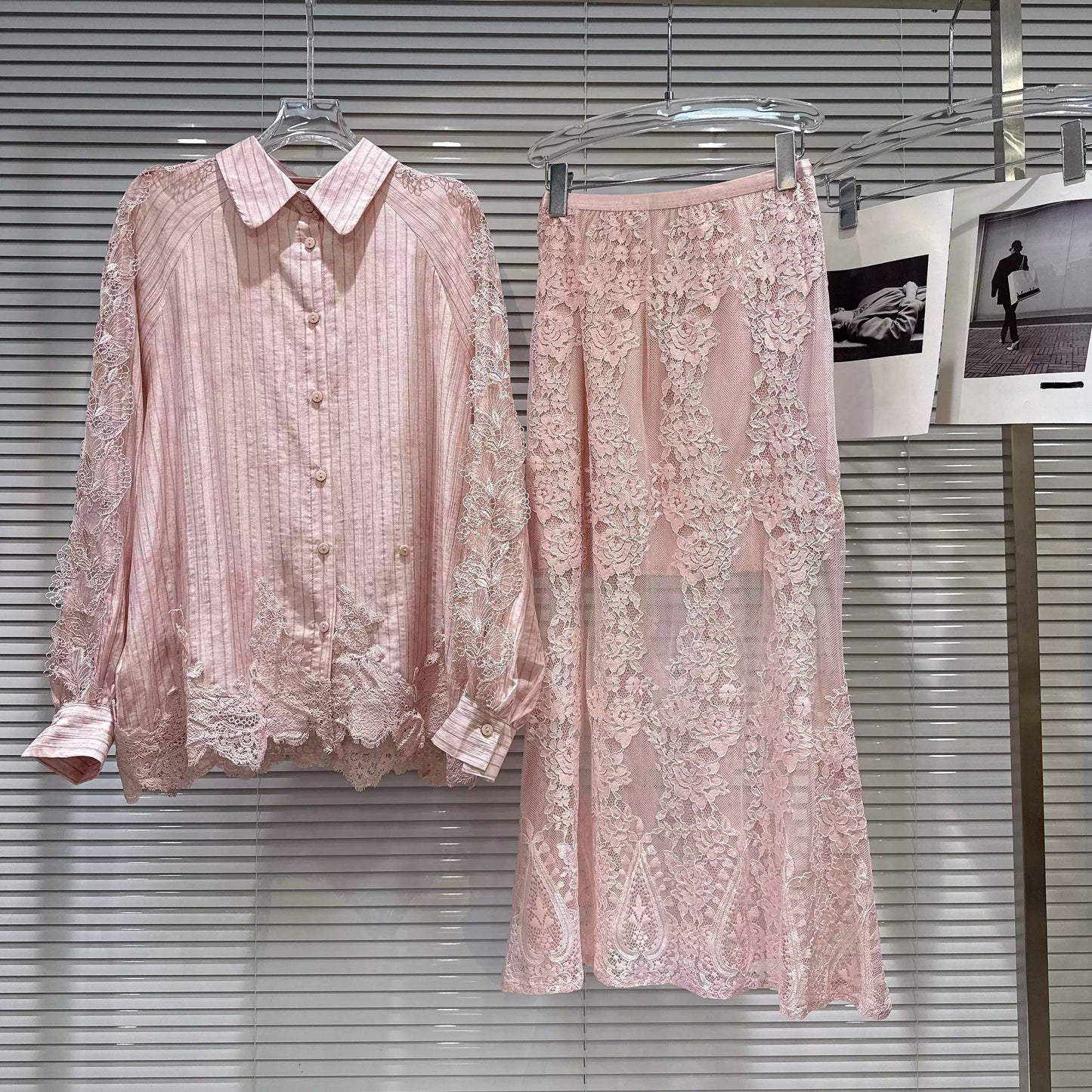 Trendy and stylish 2026 Spring New Arrival Lace-trimmed Blouse + Lace Mesh Long Skirt Set for Women (Same Style as Popular Online Celebrities)