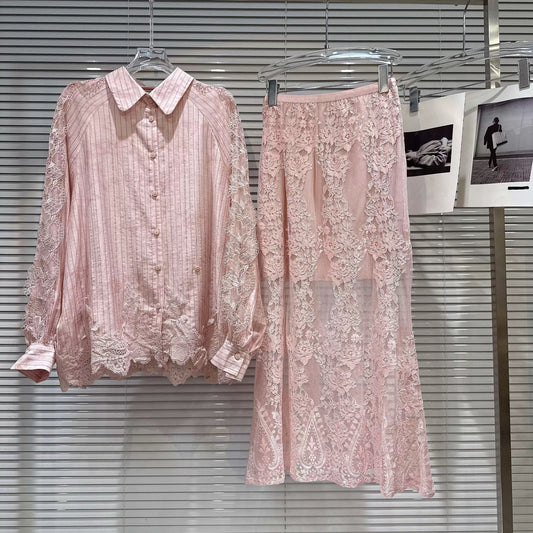Trendy and stylish 2026 Spring New Arrival Lace-trimmed Blouse + Lace Mesh Long Skirt Set for Women (Same Style as Popular Online Celebrities)