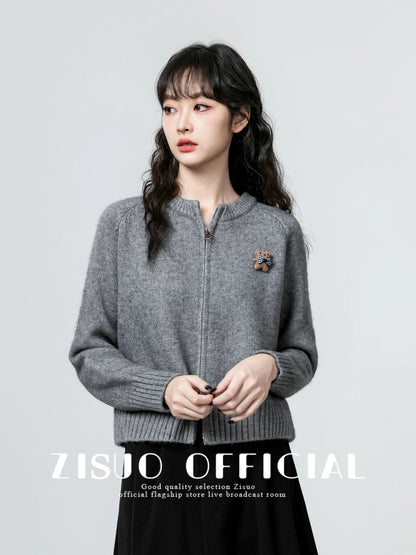 Gray double zipper sweater jacket for women spring and autumn 2025 new style versatile bear round neck knitted cardigan short top