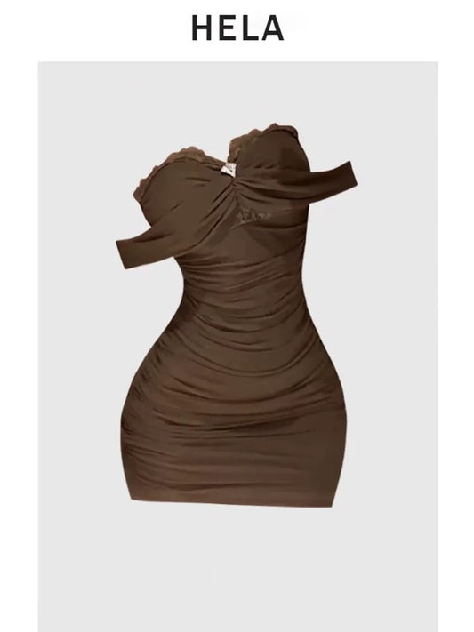 HELA fat mm temperament celebrity lace splicing tube top dress female summer 2024 pure desire pleated waist hip skirt
