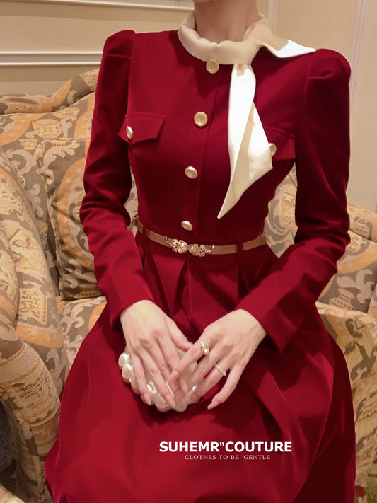 SUHEMR Suha [rich daughter] Xiaoxiangfeng waist temperament red dress 2023 new women's autumn and winter
