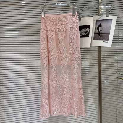 Trendy and stylish 2026 Spring New Arrival Lace-trimmed Blouse + Lace Mesh Long Skirt Set for Women (Same Style as Popular Online Celebrities)