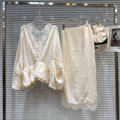 Popular online style, 2026 Spring New French Elegance Lace-trimmed V-neck Top + Scarf + Long Skirt Three-Piece Set