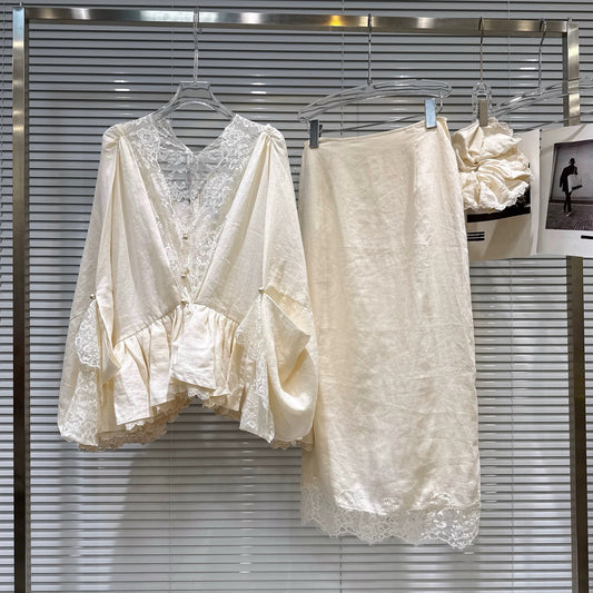 Popular online style, 2026 Spring New French Elegance Lace-trimmed V-neck Top + Scarf + Long Skirt Three-Piece Set