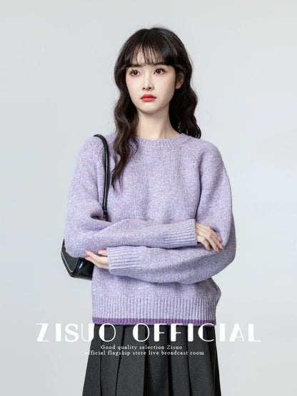 Purple round neck pullover sweater women 2025 autumn and winter new loose versatile soft and thickened knitted sweater inner top