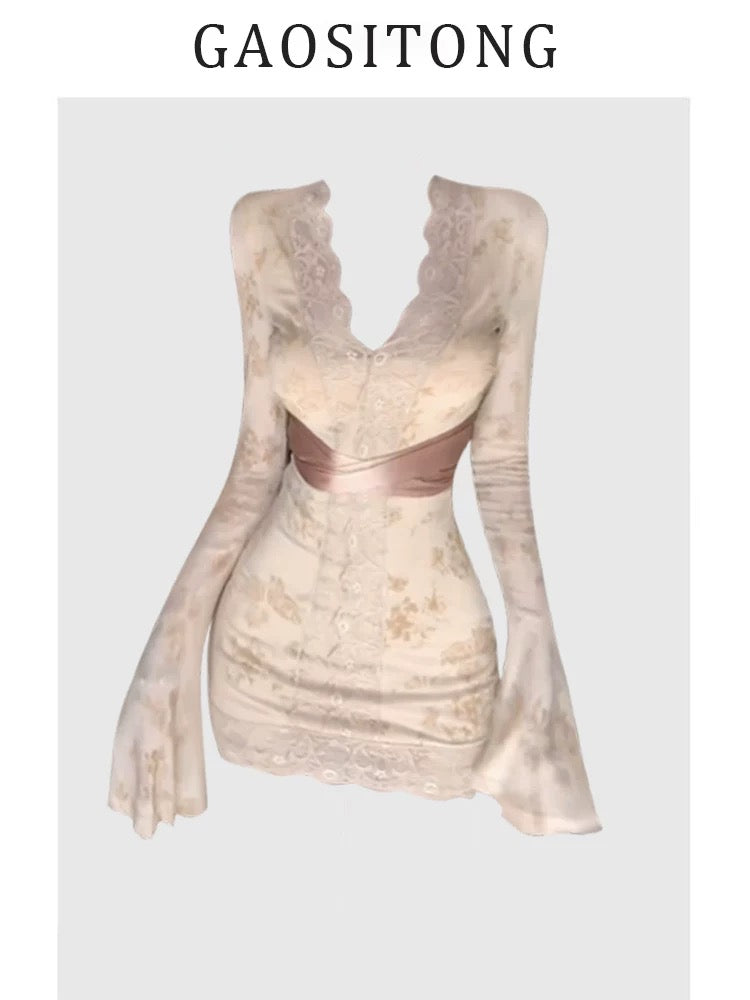 GAOSITONG Pure Desire Style Lace Splicing V-Neck Trumpet Sleeve Dress Women Autumn and Winter 2024 Waist Hip Skirt