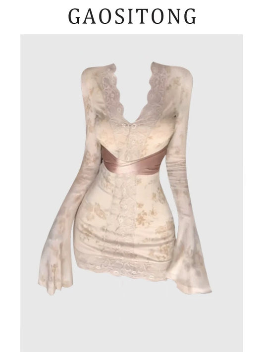 GAOSITONG Pure Desire Style Lace Splicing V-Neck Trumpet Sleeve Dress Women Autumn and Winter 2024 Waist Hip Skirt