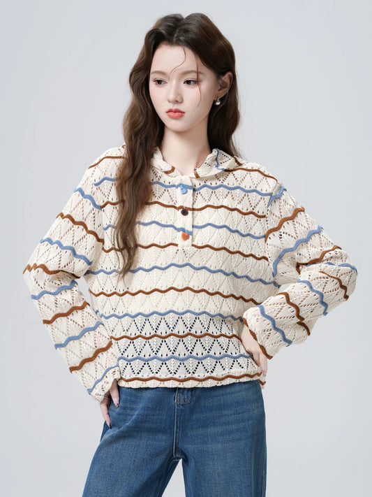 Hollow striped hooded long-sleeved sweater for women spring and autumn 2025 autumn new contrast color loose hoodie cropped top