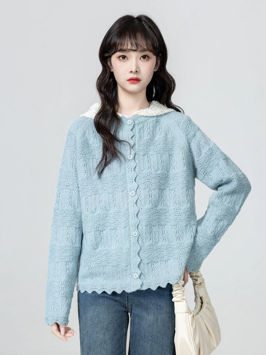 Blue Crochet Sweater Jacket Women Spring Autumn 2025 Autumn New Design Loose Knitted Cardigan Long Sleeve Top