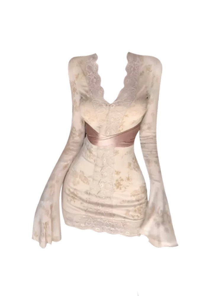 GAOSITONG Pure Desire Style Lace Splicing V-Neck Trumpet Sleeve Dress Women Autumn and Winter 2024 Waist Hip Skirt