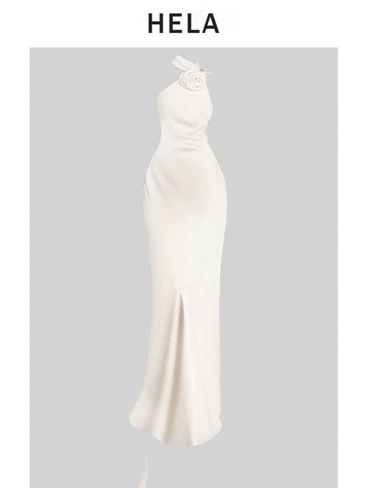 HELA fat mm French atmosphere satin off-shoulder flower dress female summer 2024 backless ribbon evening dress
