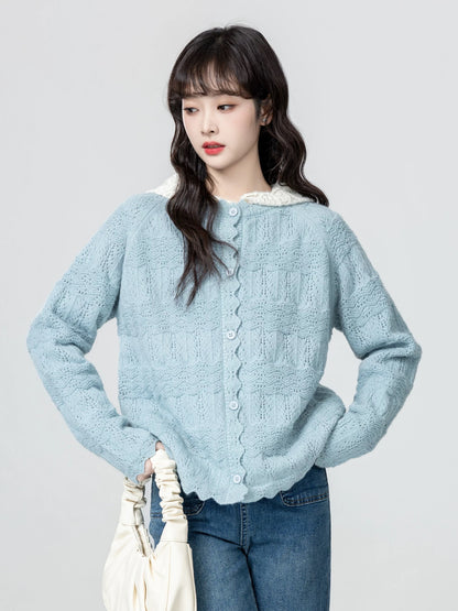 Blue Crochet Sweater Jacket Women Spring Autumn 2025 Autumn New Design Loose Knitted Cardigan Long Sleeve Top