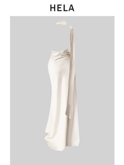 HELA fat mm French atmosphere satin off-shoulder flower dress female summer 2024 backless ribbon evening dress