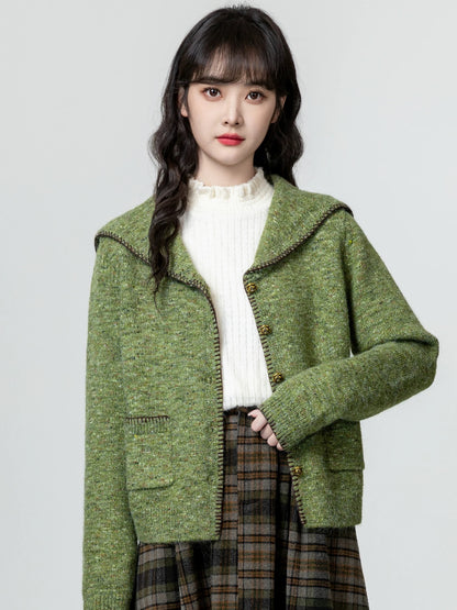 Retro Green Lapel Sweater Jacket Women Spring Autumn 2025 Autumn New Navy Collar Soft Waxy Knitted Cardigan Top