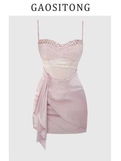 GAOSITONG Thousand Gold Hot Diamond Lace Suspender Dress Women Spring and Summer 2025 Pure Desire Style Hip-wrapped Ribbon Dress