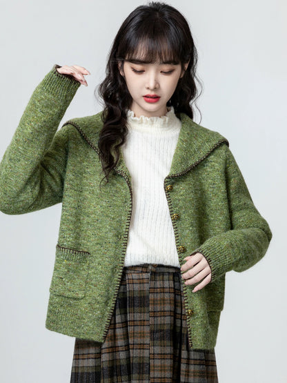 Retro Green Lapel Sweater Jacket Women Spring Autumn 2025 Autumn New Navy Collar Soft Waxy Knitted Cardigan Top