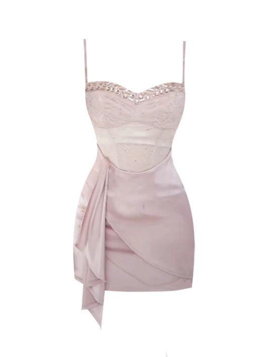 GAOSITONG Thousand Gold Hot Diamond Lace Suspender Dress Women Spring and Summer 2025 Pure Desire Style Hip-wrapped Ribbon Dress