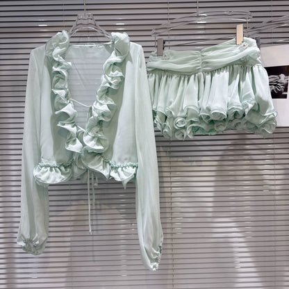 Big Eyes 2026 Spring New Sweet and Elegant Ruffled Chiffon Blouse + Ruffled Tulip Skirt Set