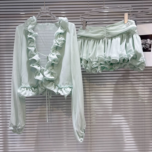Big Eyes 2026 Spring New Sweet and Elegant Ruffled Chiffon Blouse + Ruffled Tulip Skirt Set