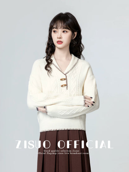 Apricot horn button lapel sweater women 2025 spring and autumn new design loose thickened knitted sweater short top