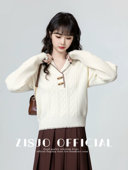 Apricot horn button lapel sweater women 2025 spring and autumn new design loose thickened knitted sweater short top