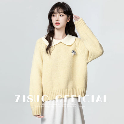 Yellow baby collar sweater women's thickened 2025 autumn and winter new design loose contrast lapel sweater top