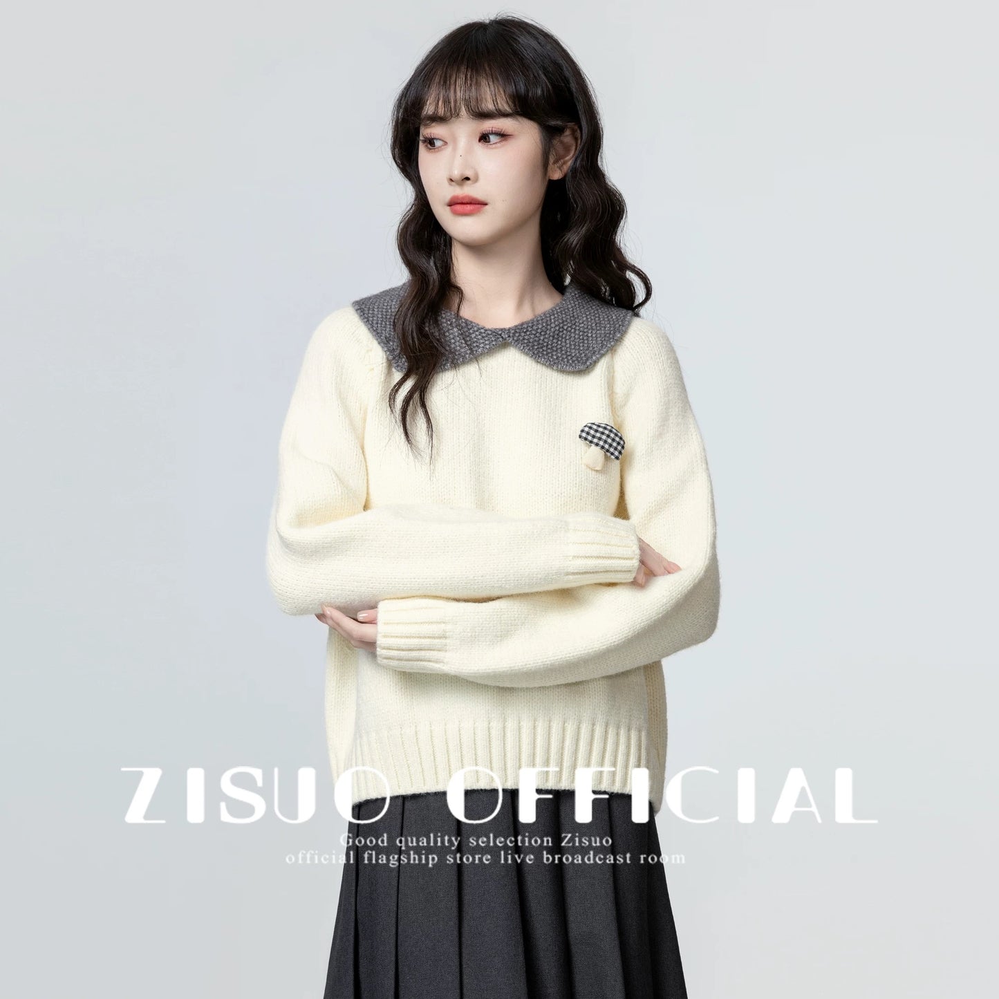 Yellow baby collar sweater women's thickened 2025 autumn and winter new design loose contrast lapel sweater top